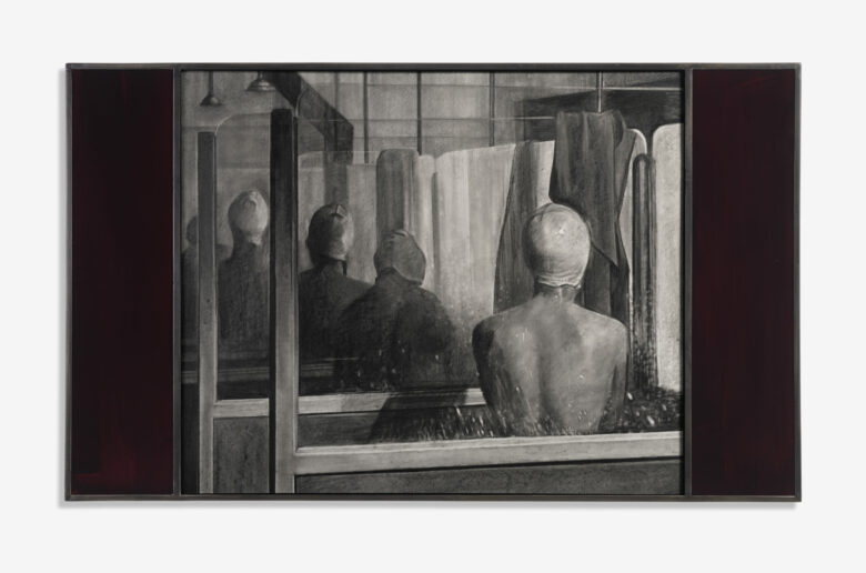 Crayon et graphite sur papier, cadre en acier et verre peint / Pencil and graphite on paper, hand welded steel frames and painted glass 80 x 135 x 3 cm (31 1/2 x 53 1/8 x 1 1/8 in.) encadré / framed